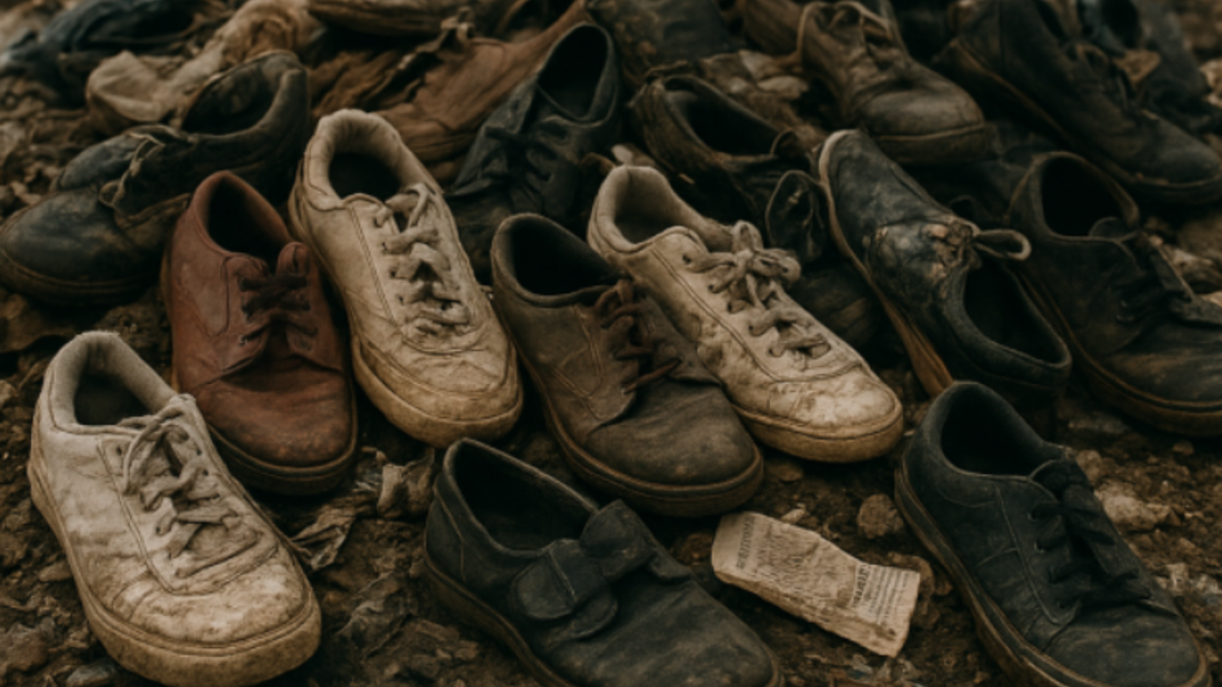 Collection of worn shoes highlighting the need for biodegradable footwear materials in sustainable design.