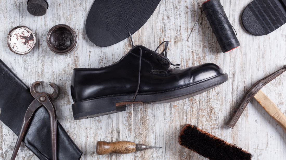 Quick Dry Footwear Materials displayed with a black shoe and various shoe repair tools on a wooden surface.